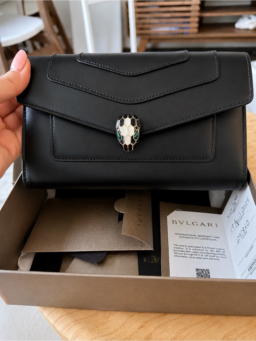 Bulgari Black Leather Serpenti, With box and QR code